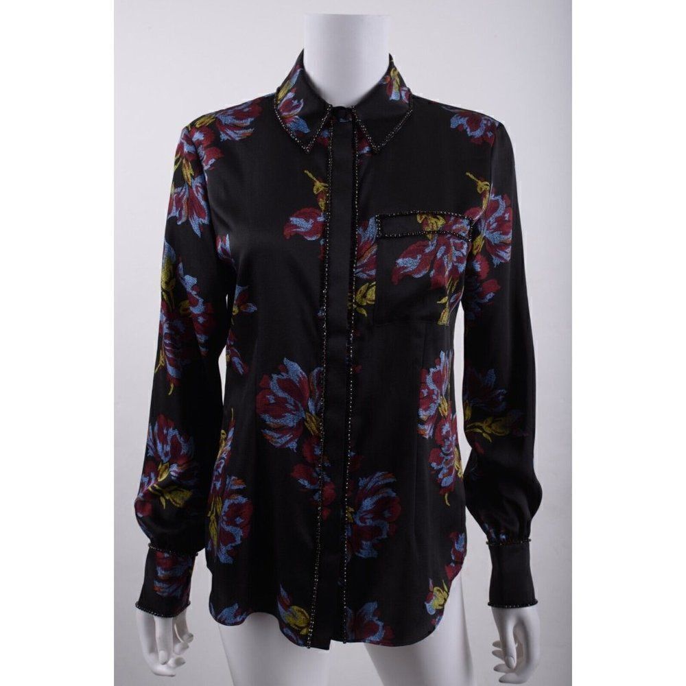 Cinq a Sept Womens Blanche Floral Button-Up Shirt Blouse Sz XS Beaded Trim Black